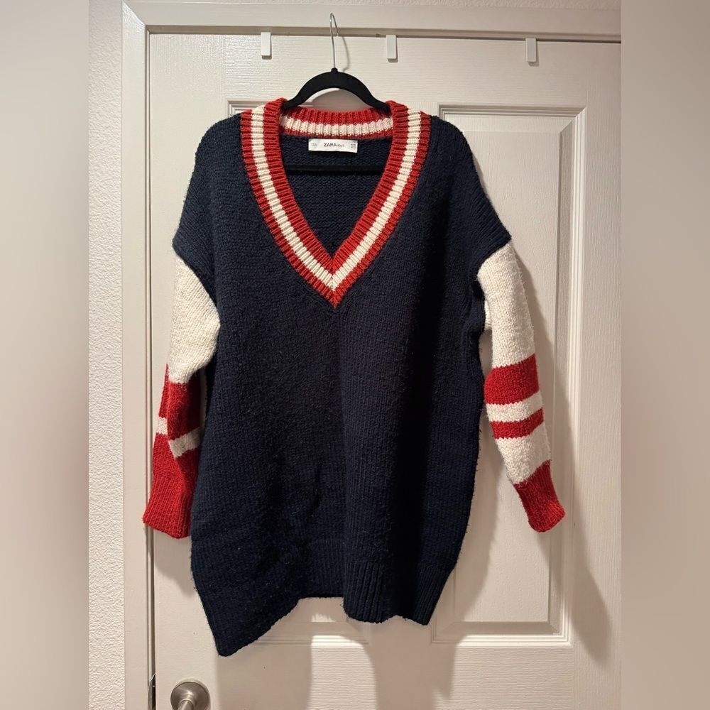 Navy and Red V-Neck Women's Sweater